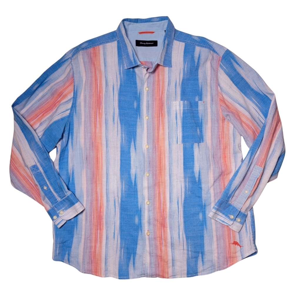 Tommy Bahama Blue & Orange Striped Linen Blend Button-Down Shirt XXL - Picture 2 of 7